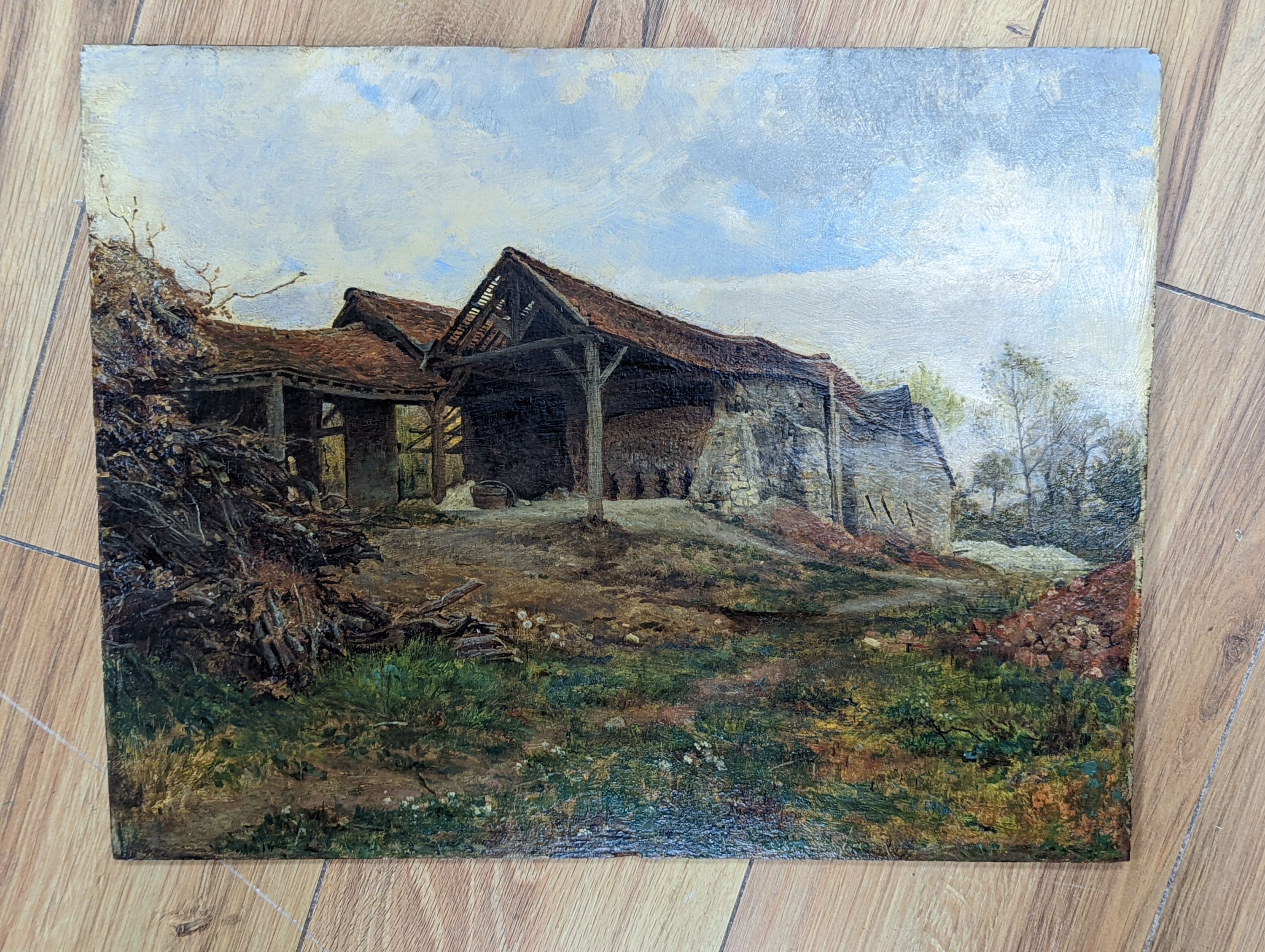 Charles Gogin (1844-1931), oil on wooden panel, Villiers le Belle, inscribed verso, 31 x 40cm, unframed